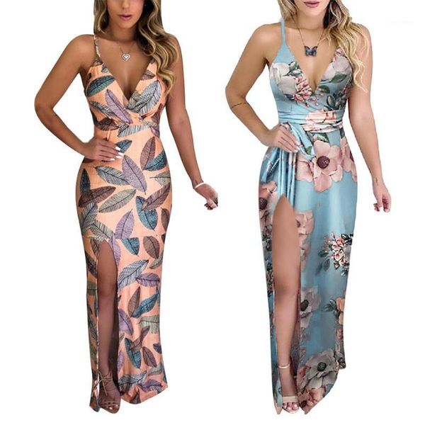 

casual dresses women deep v neck side slitting leaves floral print hollow out long sling dress1, Black;gray