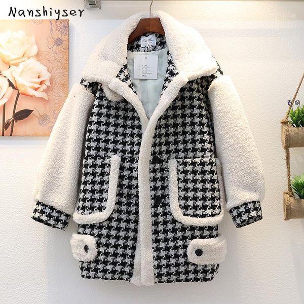 

mid-length weave houndstooth lambswool thick warm winter coat women loose big pocket stand-up collar cotton jacket1, Black