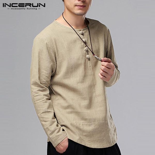 

incerun vintage men's shirt long sleeve cotton streetwear button retro solid color chinese style camisa men casual shirts 2020, White;black
