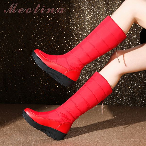 

meotina winter fur snow boots ботинки женщин кристалл платформа mid каблук khee высокие сапоги скольжения на танкетку длинной женщины 35-44, Black
