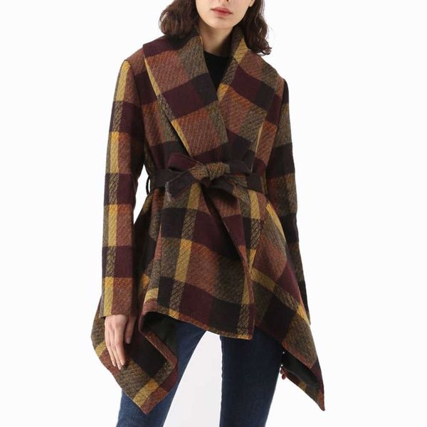 

mid-length plaid belt women's woolen coat everyday fashion loose 2020 new autumn and winter, Black