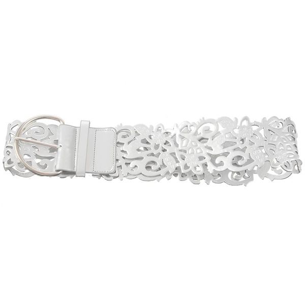 

new ladies silver tone faux leather cut out flower pin buckle wide belt, Black;brown
