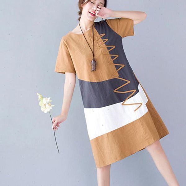 

supermiss women linen summer dress 2021 plus size elegant long new casual cotton ladies patchwork short sleeve dresses, Black;gray