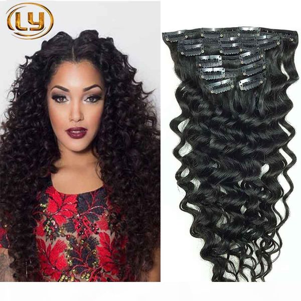 

clip in human hair extensions deep curly brazilian human hair extensions clips ins 7pcs set 10pcs set for whole head clip in hair, Black;brown