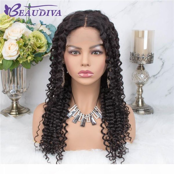 

beaudiva 4*4 kinky curly lace wigs middle part human hair wigs pre plucked hairline with baby hair brazilian curiy lace wigs, Black;brown