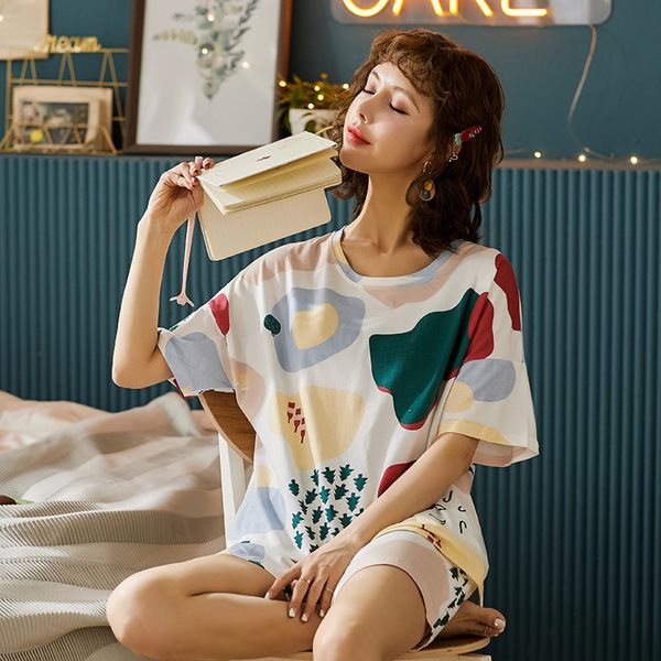 

bezl cotton colorful tee and shorts set women pajamas home wear short sleeve casual pajama set female loose sleepwear loungewear t200701, Black;red