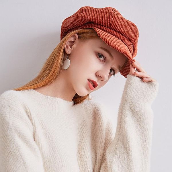 

korean version of solid color corduroy octagonal hat female wild literary painter hats retro beret boinas para mujer sombrero, Blue;gray