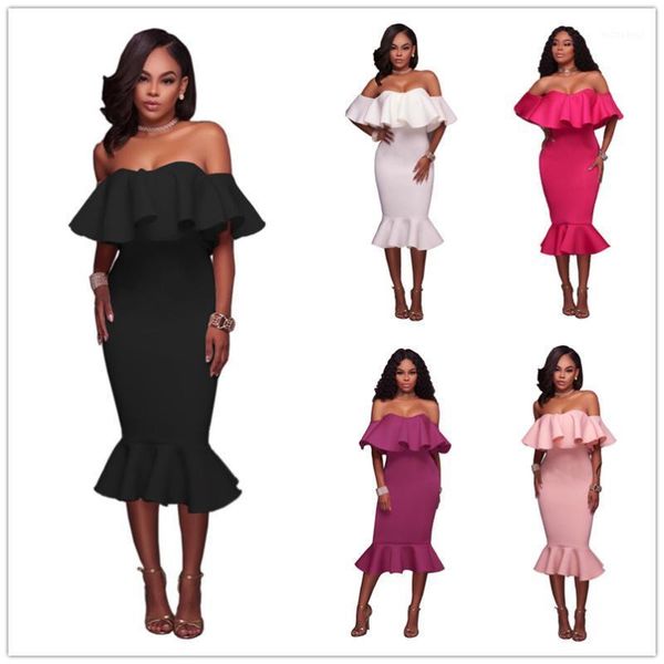 

slim bodycon off shoulder slash neck black trumpet party dresses women ruffles white midi dress summer robe female vestidos1, Black;gray