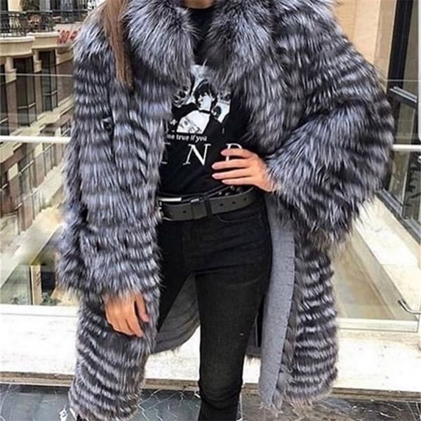

lady striped silver fox fur coat long with wool lining spring autumn luxury elegant plus size clothes green collar 201212, Black