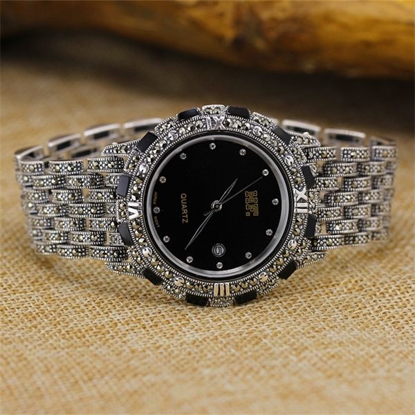 

hf brand retro s925 sterling men watch men`s pure bracelet watches real silver bangle q1210, Black