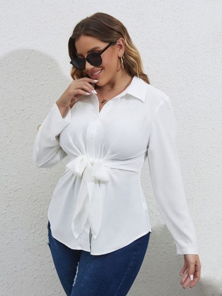 

plus tie front solid blouse a9p4#, Black