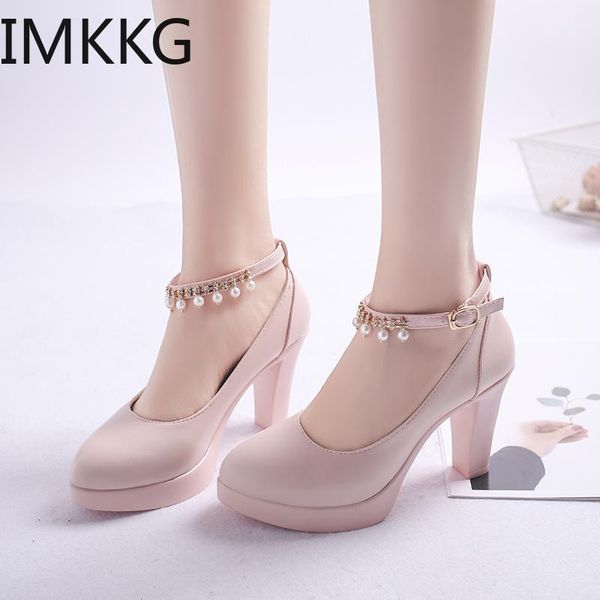 

plus size women wedding shoes string bead ankle strap high heels dress shoes platform heels bridal pearl pumps s800541, Black