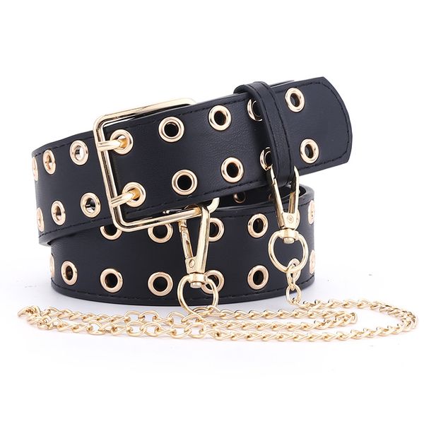 

1pcs alloy pin buckle belt double row full hole wide waist belt double eyelet grommet metal chain decorative punk style, Black;brown