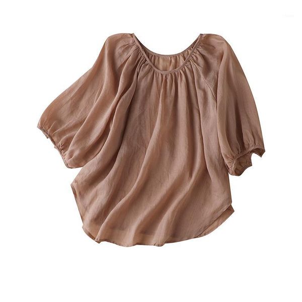 

lantern sleeve vintage ramie women summer shirts and blouses o-neck solid blusas de mujer largos sueltos 2020 thin summer1, White