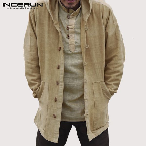 

incerun men's vintage cotton hoodies hooded pockets button casual outerwear long sleeve men sweatshirts 2020 streetwear s-5xl, Black
