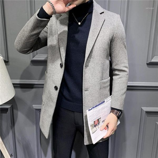 

korean high end autumn and winter casual men's woollen and woollen overcoat youth fashion men's slim long coat1, Black