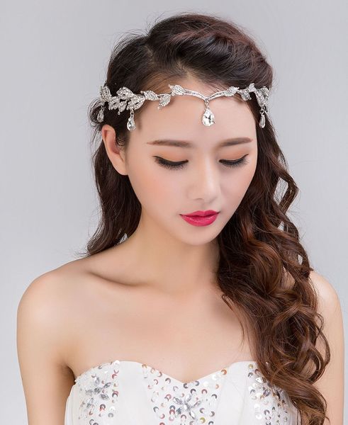 

korean princess eyebrow drop forehead diamond crown hair wedding dress accessories leaf bridal headdress, Silver