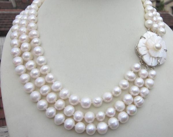 

3row elegant 9-10мм white pearl ожерелье 17-19inch, Silver