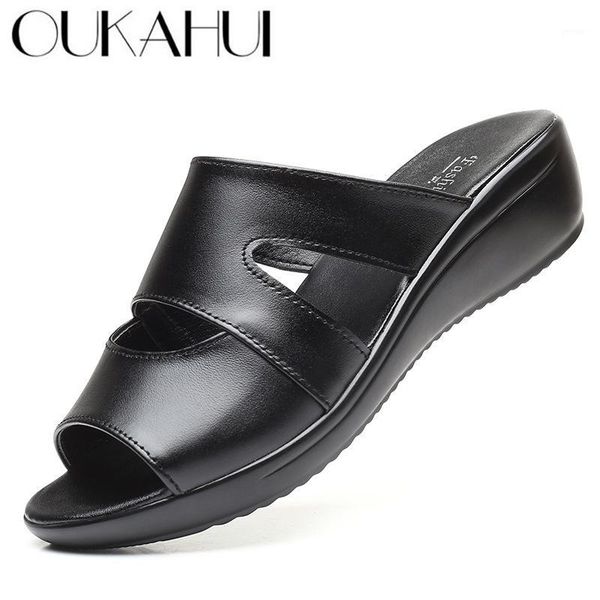 

slippers oukahui size 35-43 summer genuine leather flip flop woman sandals shoes solid color outdoor wedge heel 3.5cm open toe slippers1, Black