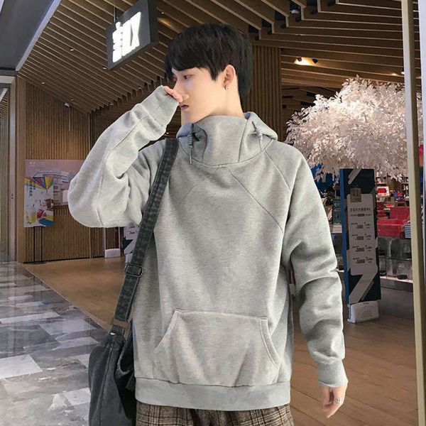 

men's sweater autumn and winter ins hooded high collar pullover fashion brand loose sweatshirt, Gray