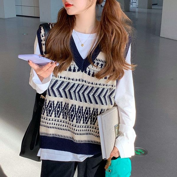 

women's vests vintage sweater vest for women autumn winter hit color pullover knitted sleeveless gilet femme, Black;white