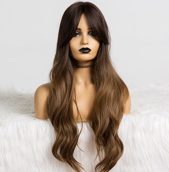 

long ombre brown wavy synthetic wigs for women wigs with bangs heat resistant blonde cosplay wigs daily natural hair, Black
