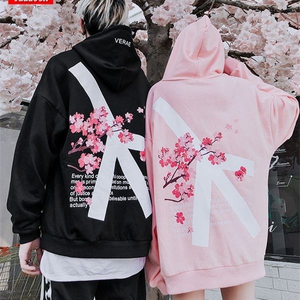 

2019 winter modis cherry blossom print hoodie streetwear hip hop oversize women men cotton sweatshirts retro hoody c1011, Black
