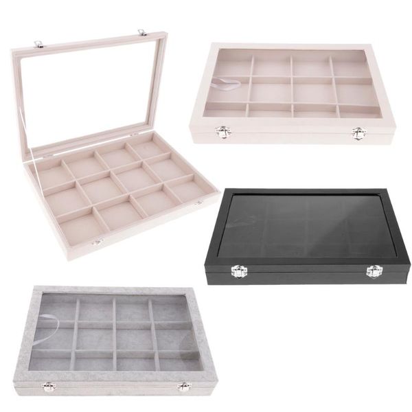 

12 sections jewelry display showcase lockable velvet surface black, grey, cream white, Pink;blue