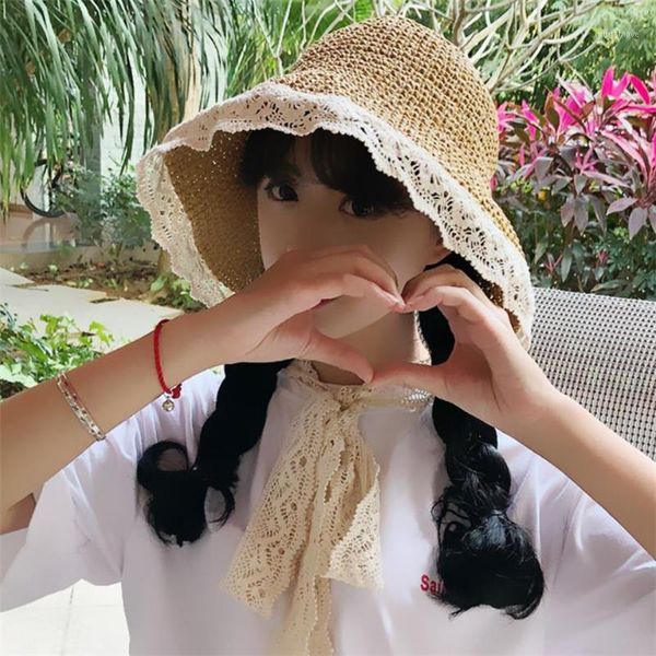 

wide brim hats cute lace straw hat princess summer beach fold-able sunshade sun caps women fresh seaside fisherman sun-proof female1, Blue;gray