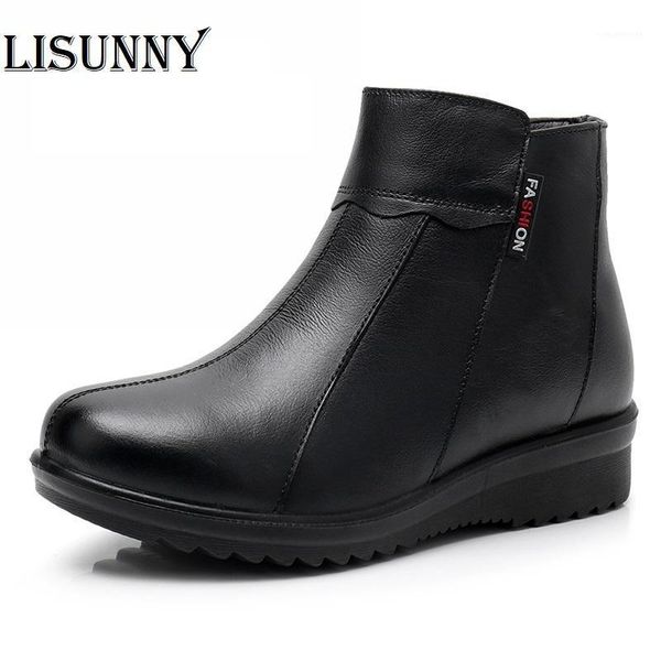 

women ankle boots 2021 genuine leather black boats women's zip wedges winter female flat shoes1