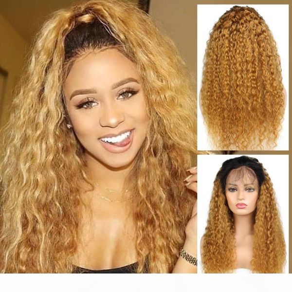 

blonde ombre human hair wigs kinky curly full lace wigs virgin brazilian hair glueless lace front wig two tone color #1b #30, Black;brown