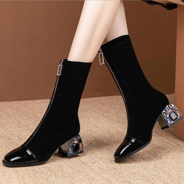 

boots elastic short woman mid calf rhinestone heel women autumn shoes square toe female footware front zipper black