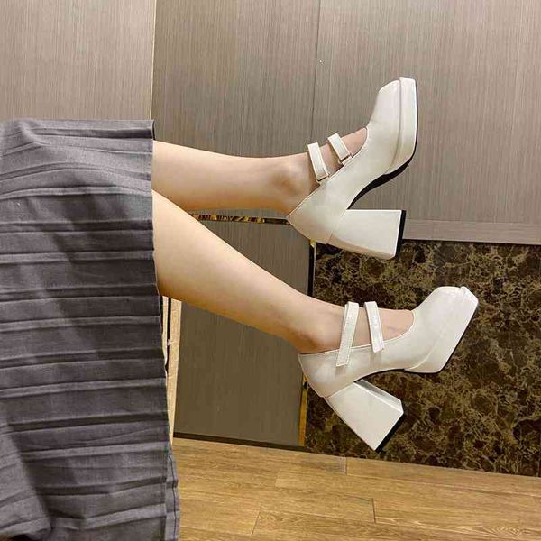 

spring dress shoes women's high heels 9cm retro mary janes with platform square toe shallow pumps thick 3 colors oulyyyogo, Black