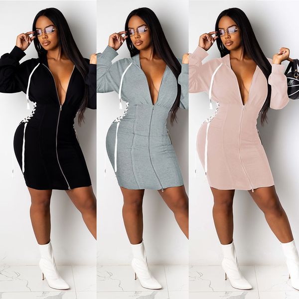 

new women clothing fashion long sleeve hoodie dress solid zip waist bandage one piece dresses nightclub zip waist bandage one piece dresses, Black;gray