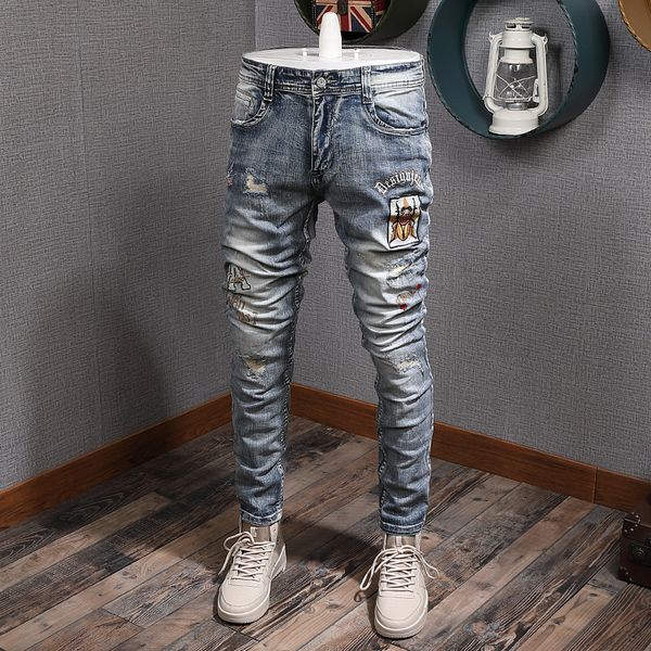 

2020 embroidered fashion denim male patched seams homas casual stretch thin fit jeans for men um9r, Blue