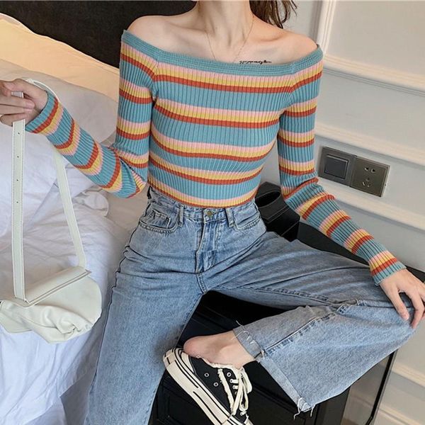 

new fashion women sweater autumn winter stripes print slim long sleeved one word polyester collar slim bottom knit sweater w2, White;black
