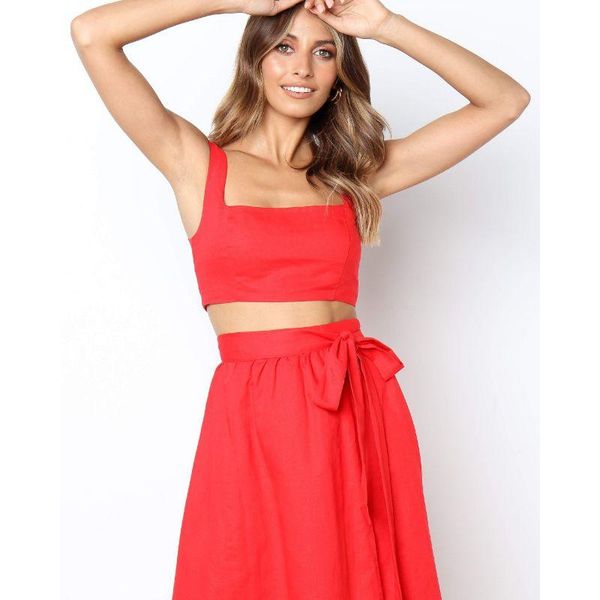 

womens summer lightweight sleeveless plain square neck crop and midi length dress tie up waist with belt two piece sets, White