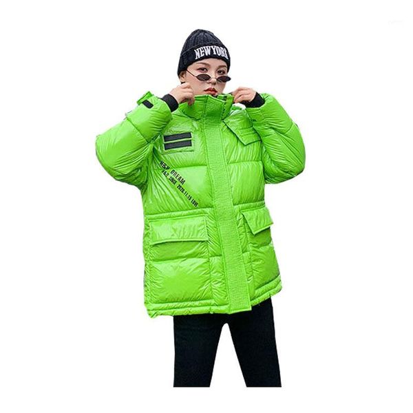 

women short winter jacket glossy letters hooded windproof down coat oversize cotton padded parkas1, Black