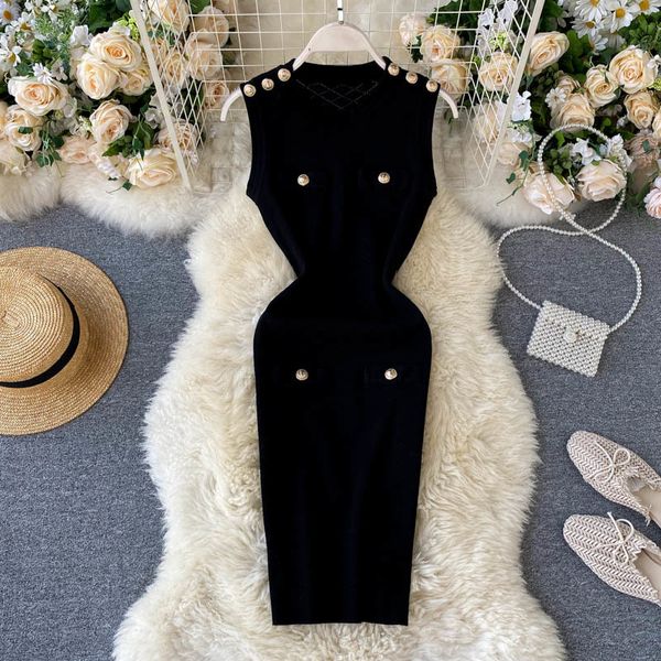 

women's summer fashion solid color o-neck high waist slim sleeveless knitted dress, Gray