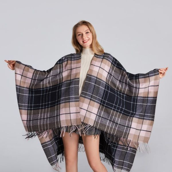 

scarves poncho women european and american style plaid color imitation comfortable temperament warm coat shawl scarf femme, Blue;gray
