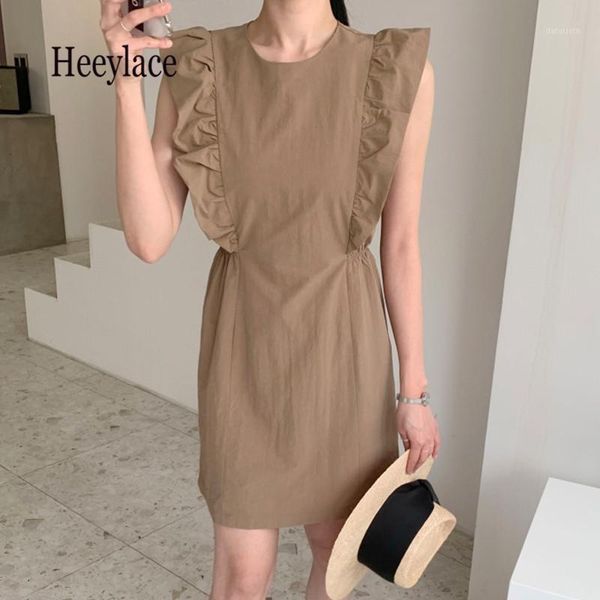 

women dress ruffle short sleeve o neck korean chic elegant vestidos 2020 summer solid stretch waist a-line dresses vestidos1, Black;gray