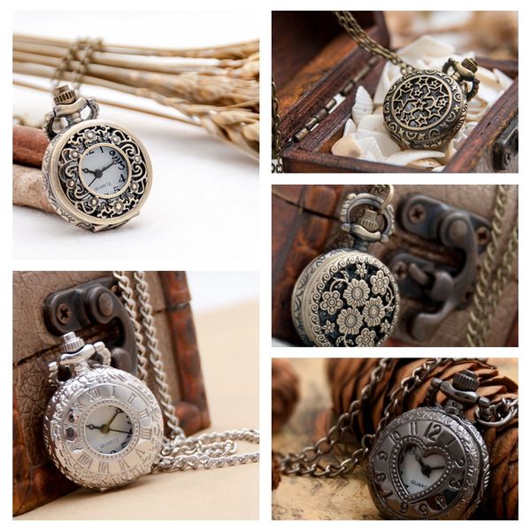 

new small three flower pocket watch necklace vintage accessories wholesale korean sweater chain white steel roman lead black small digital h, Slivery;golden