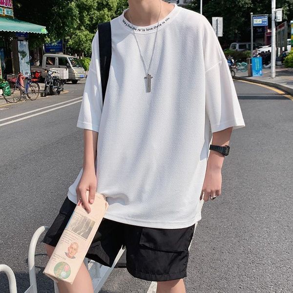 

men's t-shirts 2021 summer youth solid color simple letter printing five-point sleeve t-shirt fashion casual round neck pullover1, White;black