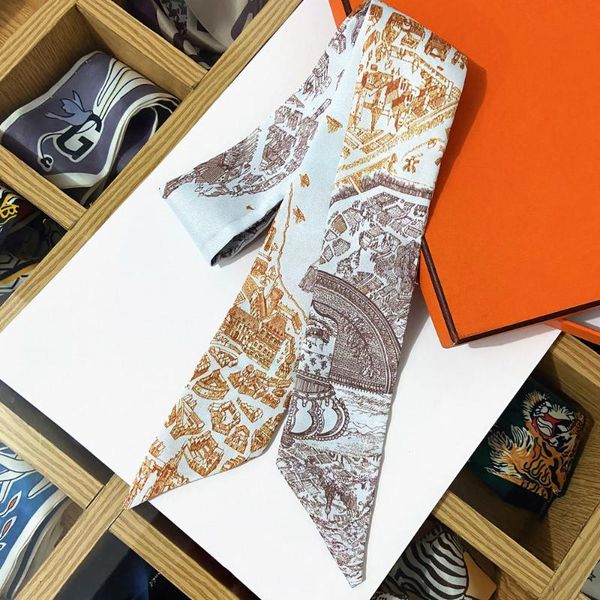

scarves scarf print women silk fashion head brand small tie handle bag ribbons long hair band sj263, Blue;gray