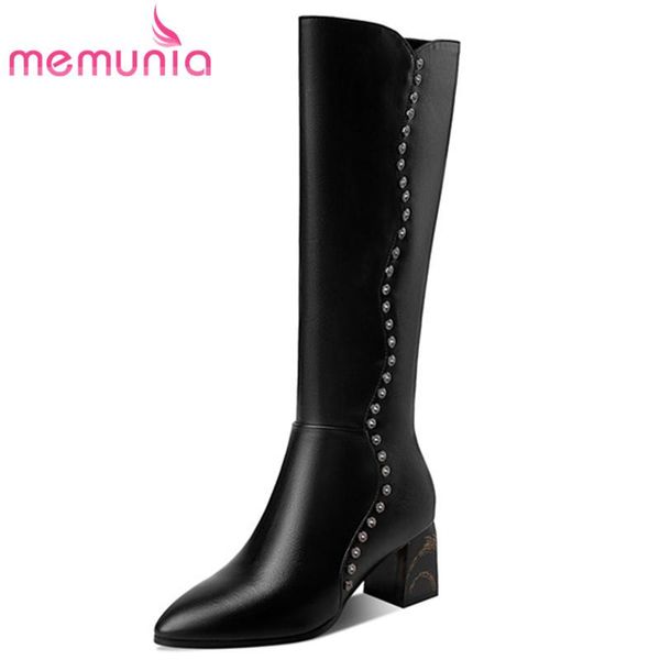 

memunia 2020 new arrive knee high boots women genuine leather +pu autumn winter long boots high heel casual shoes woman, Black