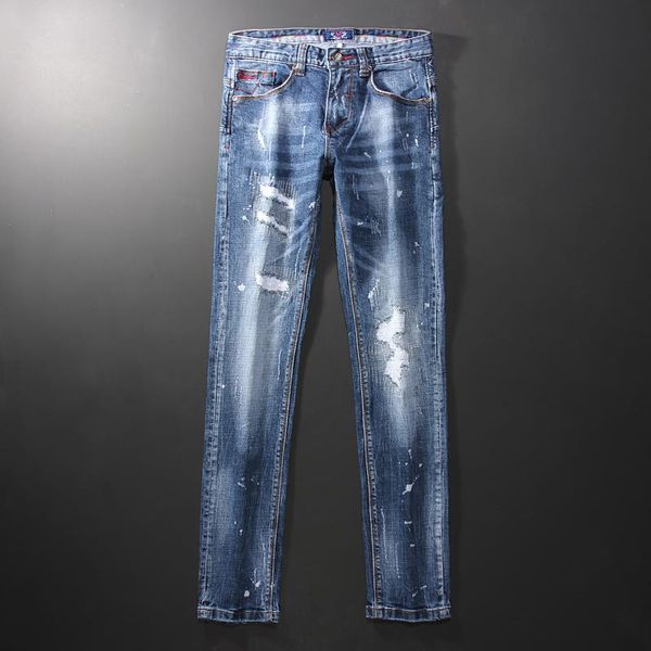 

italian style fashion men jeans blue elastic slim fit ripped jeans streetwear vintage designer denim long pants