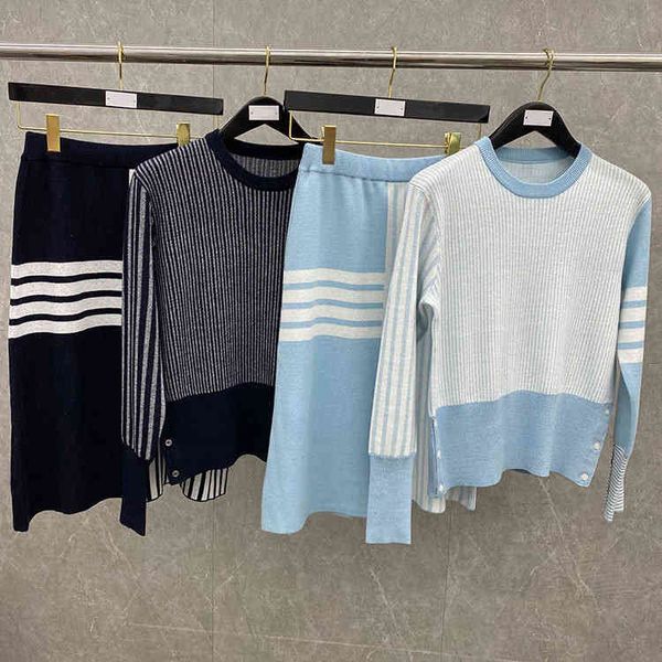 

fall tb women's pullover skirt two piece casual college stripe suit, White