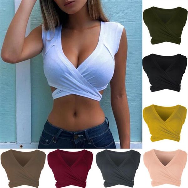 

women casual sleeveless v neck cross bandage wrap tank vest crop short t shirt black white wine red yellow