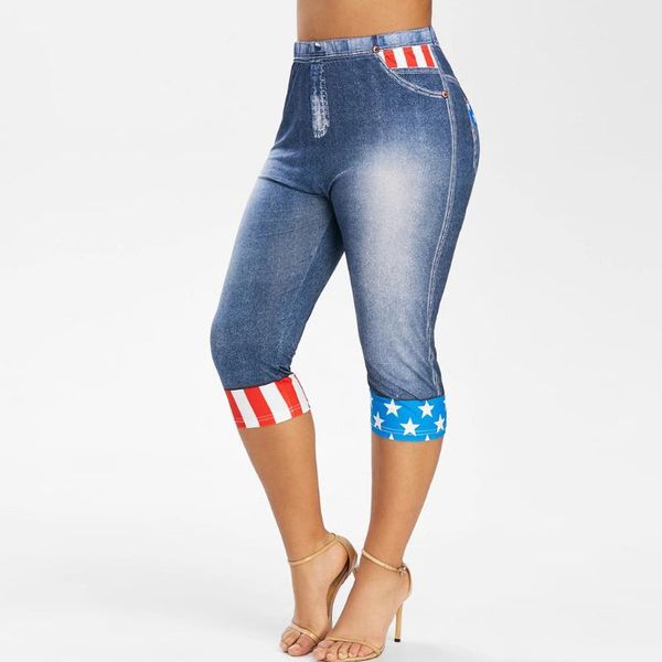 

plus size women leggings american flag printed skinny capri plus size pants push up high waist leggings fitness summer #w, Black