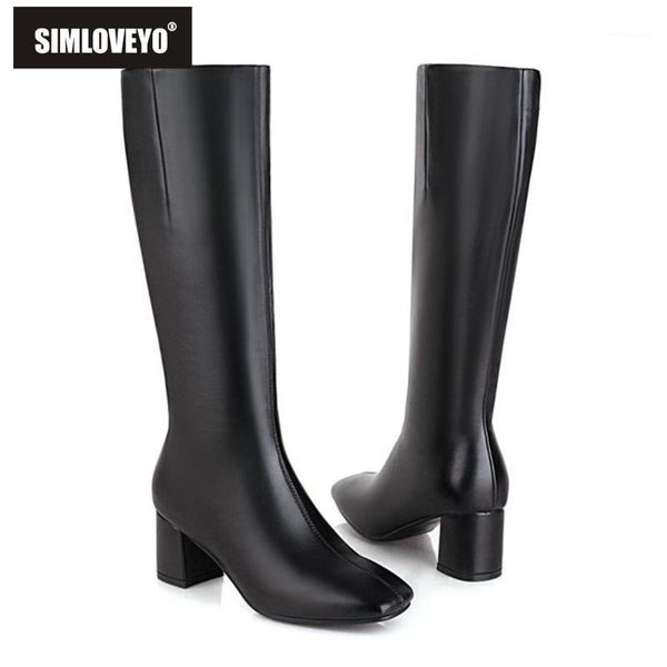 

simloveyo winter knee-high boots square toe chunky heels pu zip solid big size 34-48 black apricot brown sliver daily work a31701